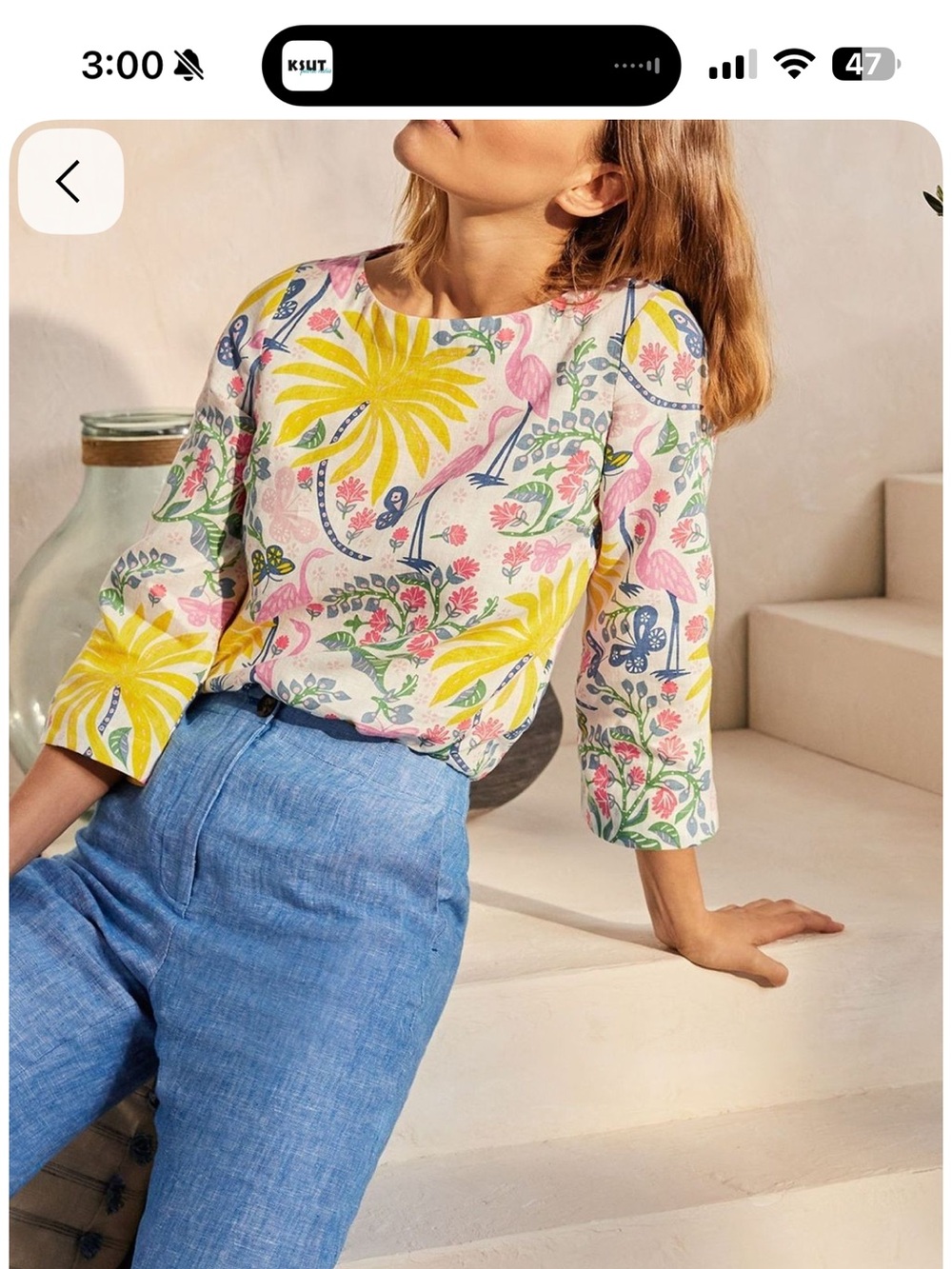 Boden Floral Palm Print Blouse in White, Yellow, Pink & Blue